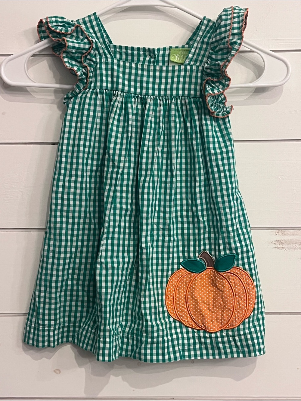 Green Gingham Girls' Dress with Orange Pumpkin Embroidery Perfect Fall Dress